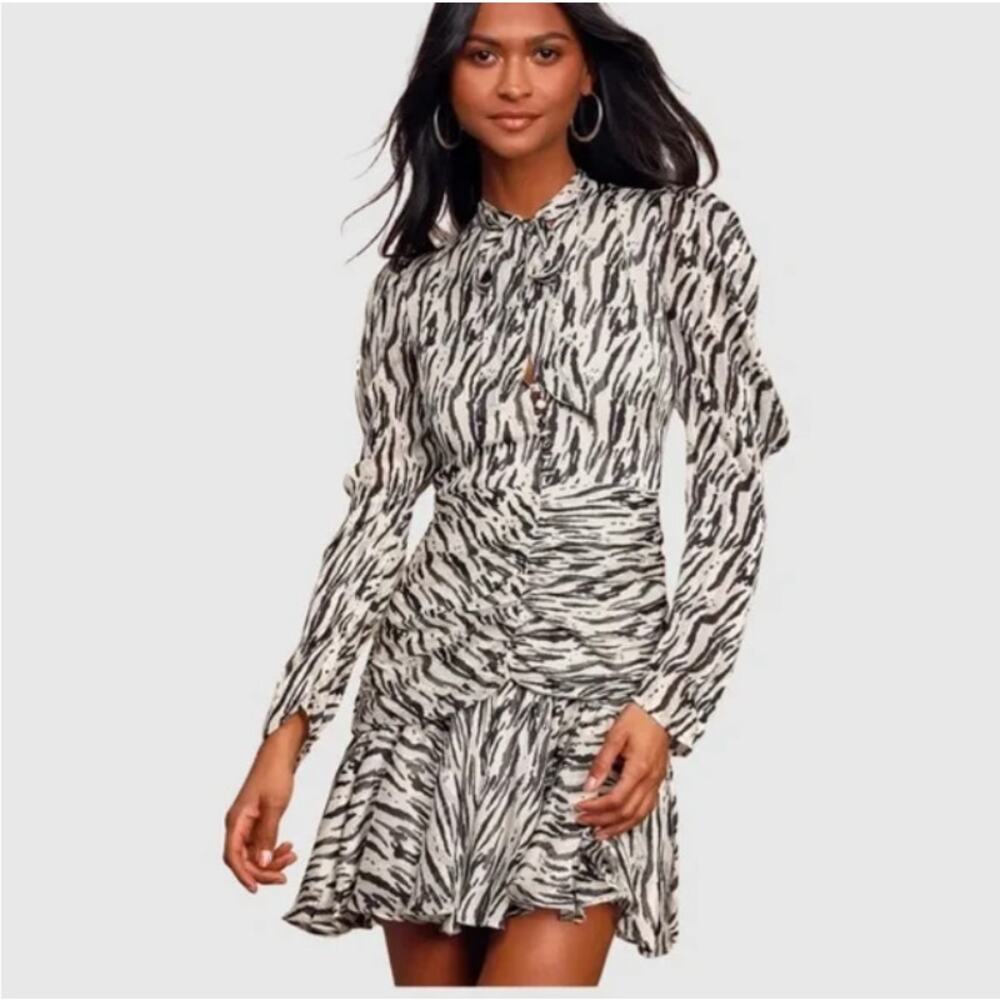 Bardot Revolve Eileen Zebra Print Ruched Long Sleeve Mini Dress Size 12/XL